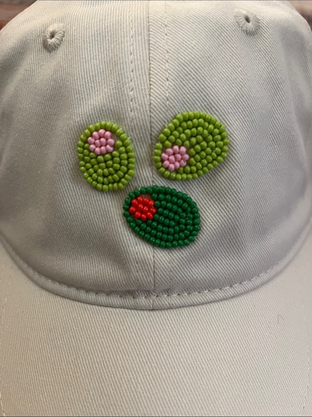 Nordstrom Cream Baseball Cap with Green and Pink Beaded Embellishment Olives - Picture 2 of 8